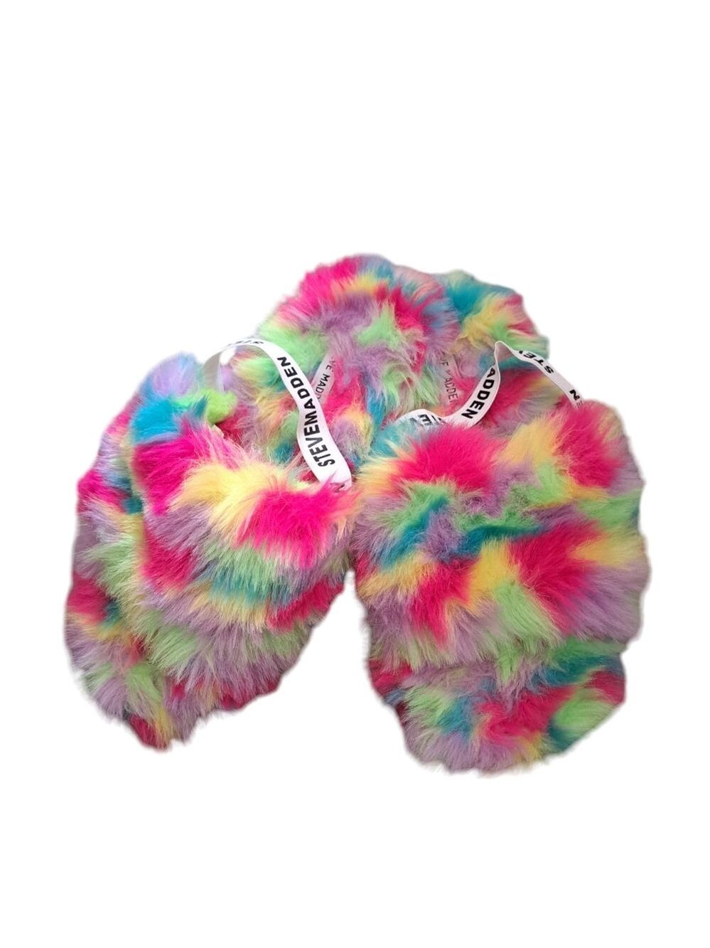 STEVE MADDEN plush multicolor furry slippers slip on elastic back open toe LG